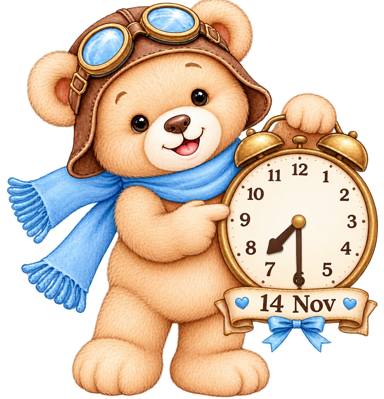 Teddy holding clock for Birthday Date and Time
